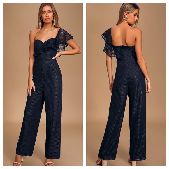 Lulus Pants - Lulu’s Navy One Shoulder Grid Print Mesh Jumpsuit